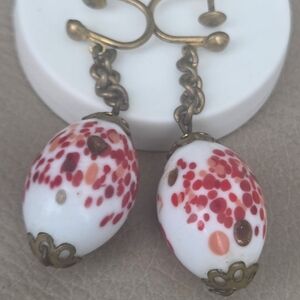 Elegant Vintage Murano Glass Red and White Dangle Earrings